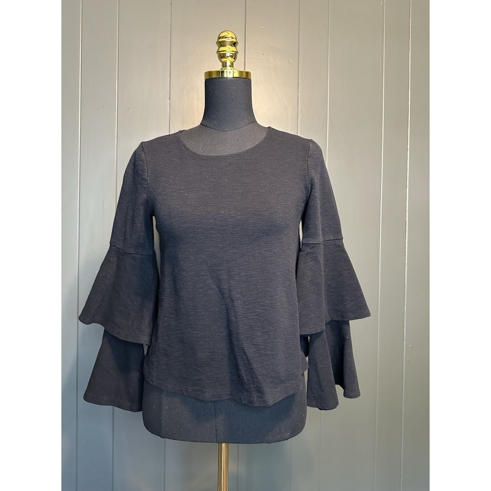 Eri + Ali Top Medium Black Bell Sleeves Long‎ Layered Tiered Anthropologie XS